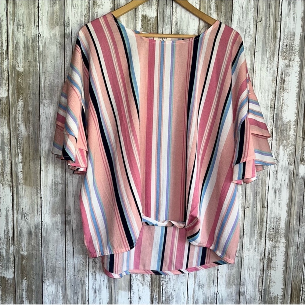 Umgee Pink Striped Round Neck Blouse - Picture 2 of 6
